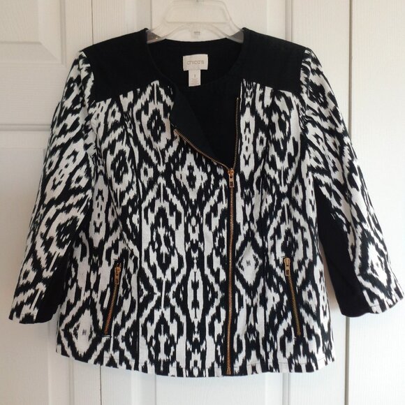 Chicos Womens Ikat Moto Jacket Zip Up Long Sleeve Pockets Black White Size 1 EUC - Picture 3 of 10